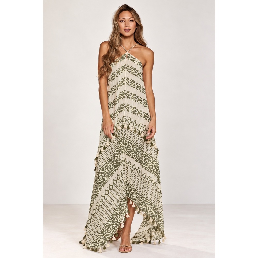 Lovestitch Olive Green Tribal Print Tassel Maxi Dress Handkerchief Hem S/M NEW